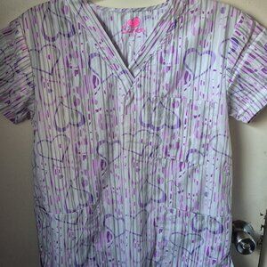 I Heart Scrubs Uniform Scrub Top SS White Purple Hearts Valentine's Day Womens M